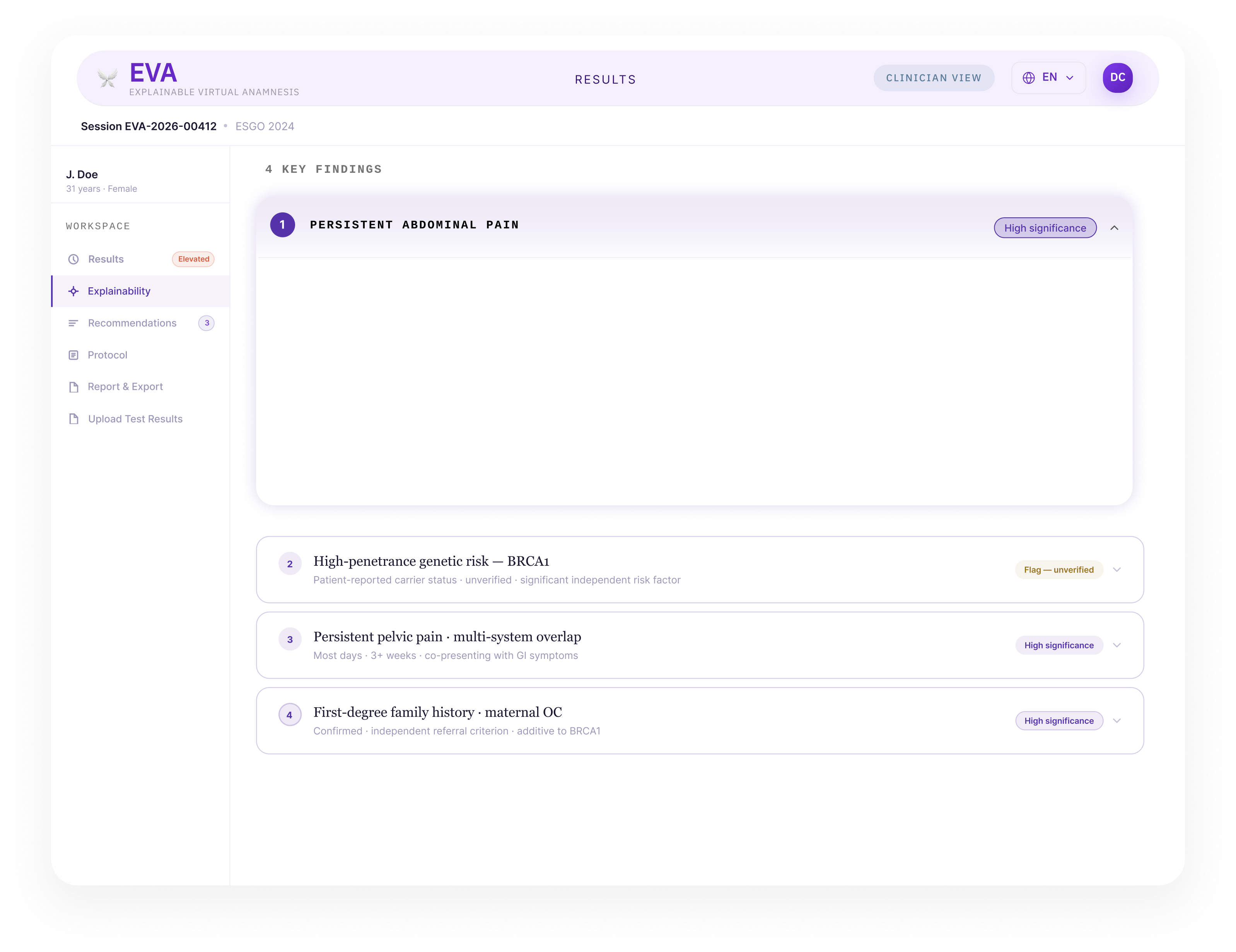 Earlier version of EVA explainability presenting findings as a list of collapsible cards with a purple theme