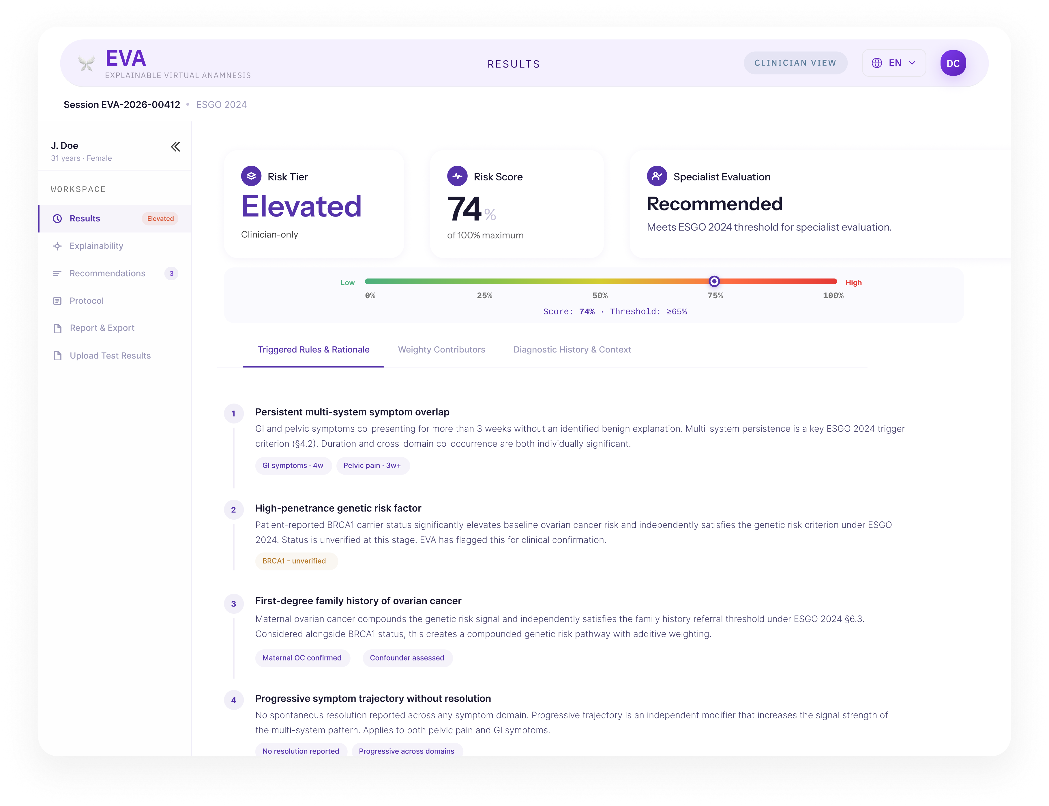 Earlier version of the EVA results screen with a purple theme, ESGO 2024 protocol reference and a numbered list of triggered rules