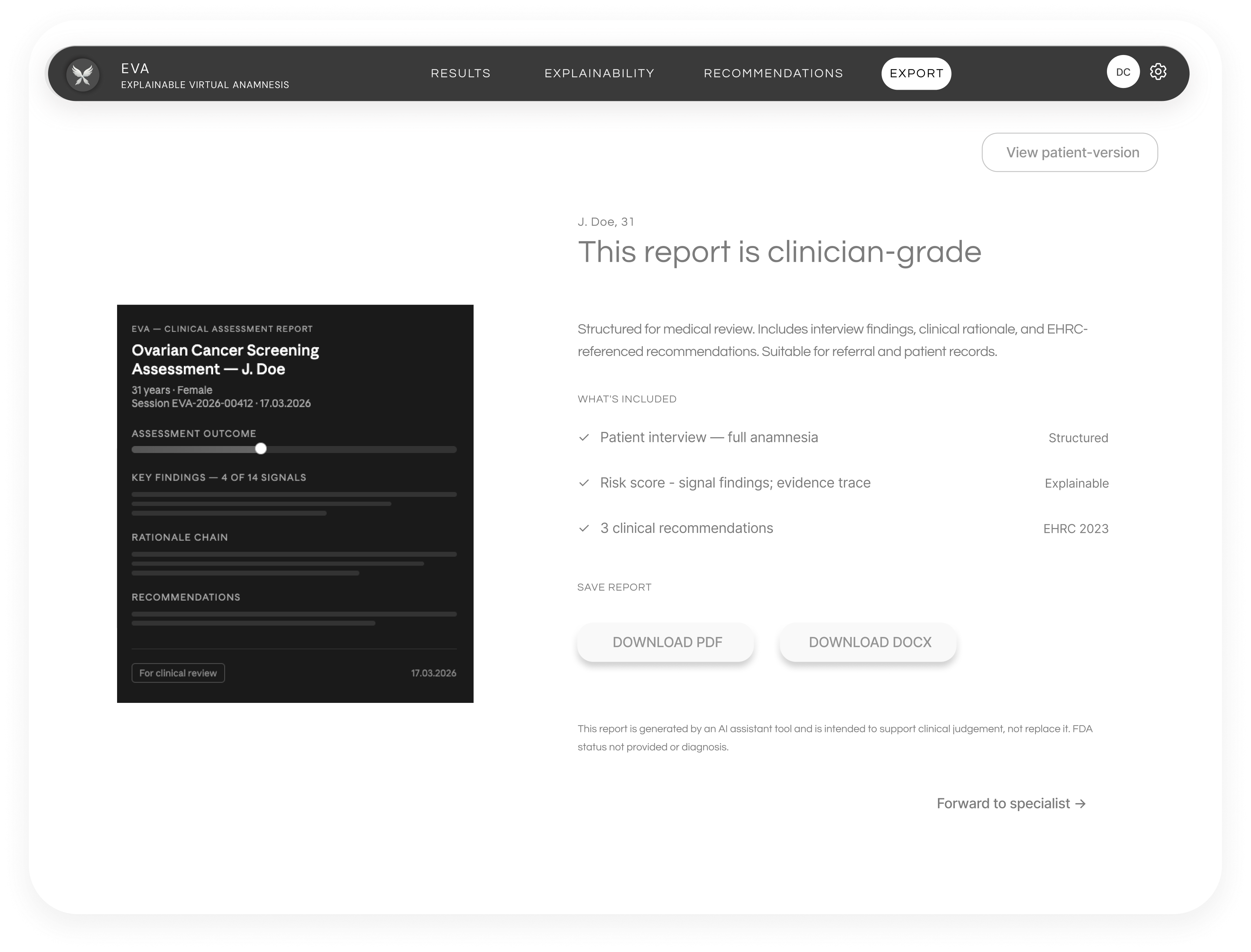 Final EVA export screen with a downloadable clinician-grade report preview