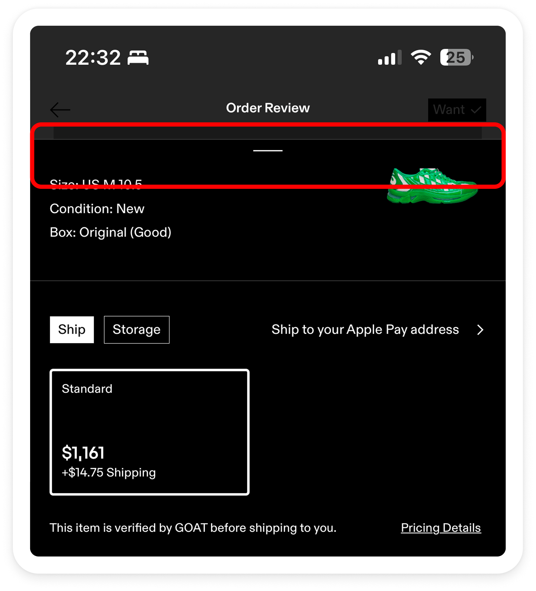 GOAT app — Order Review missing back button