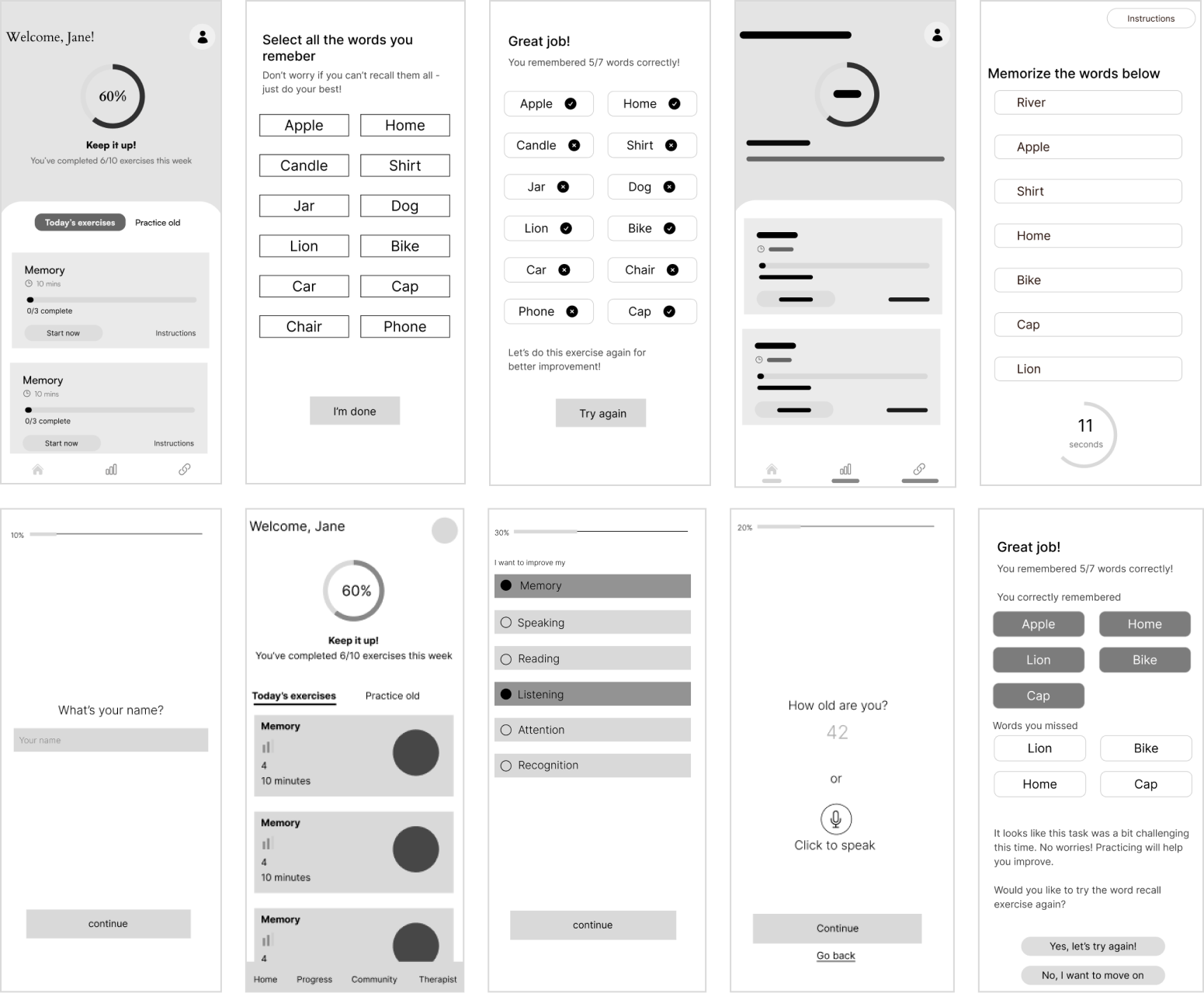 Low-fidelity prototypes for the cognitive rehabilitation app, including onboarding screens, homepage, memory task, and memory test.